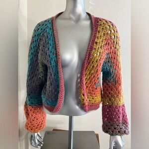 Vintage Handmade Striped Yarn Multicolor Crochet Open Cardigan/Shrug Women’s
